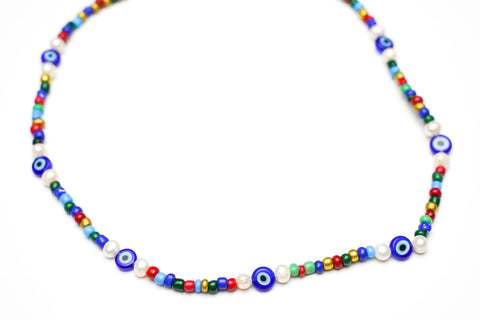 The Beaded Fresh-Water Pearled Evil Eye Choker/Necklace