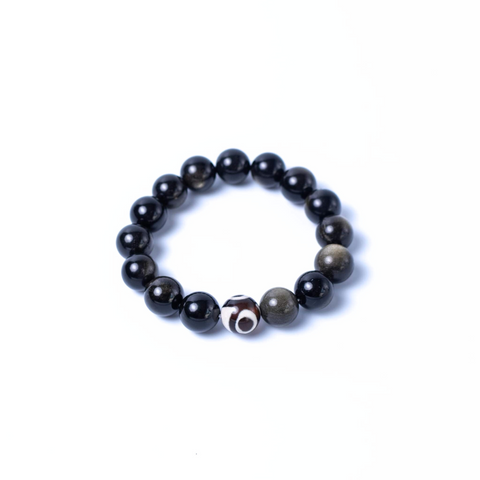 The 3-Eyed Dzi Silver & Gold Sheen Obsidian Gemstone Bracelet