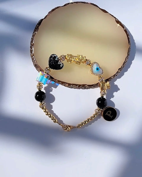 Caifu Long Black Obsidian Charm Gemstone Bracelet