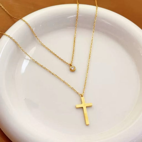 Double Layered Diamond + Cross Golden Necklace