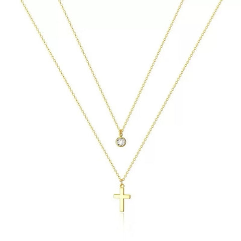 Double Layered Diamond + Cross Golden Necklace