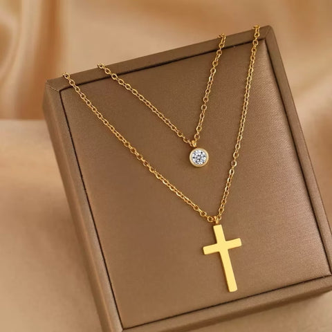Double Layered Diamond + Cross Golden Necklace