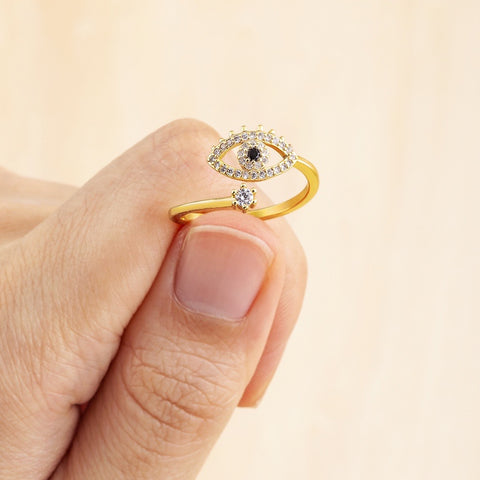 Gemmed Golden Evil Eye Ring