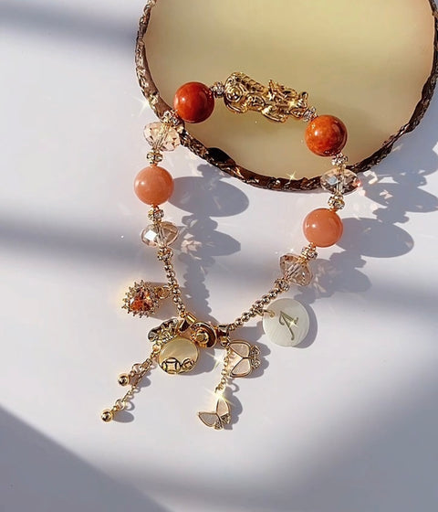 Da Long Floating Red Jade & Sunstone Pixiu Charm Gemstone Bracelet