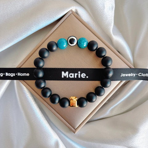 Lucky Color of the Year 2026: Matte Black Onyx & Blue Apatite Evil Eye Gemstone Bracelet