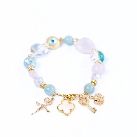 Maneki-Neko Aquamarine & Rose Quartz Gemstone Bracelet