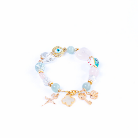 Maneki-Neko Aquamarine & Rose Quartz Gemstone Bracelet