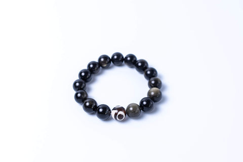 The 3-Eyed Dzi Silver & Gold Sheen Obsidian Gemstone Bracelet