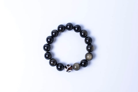 The 3-Eyed Dzi Silver & Gold Sheen Obsidian Gemstone Bracelet